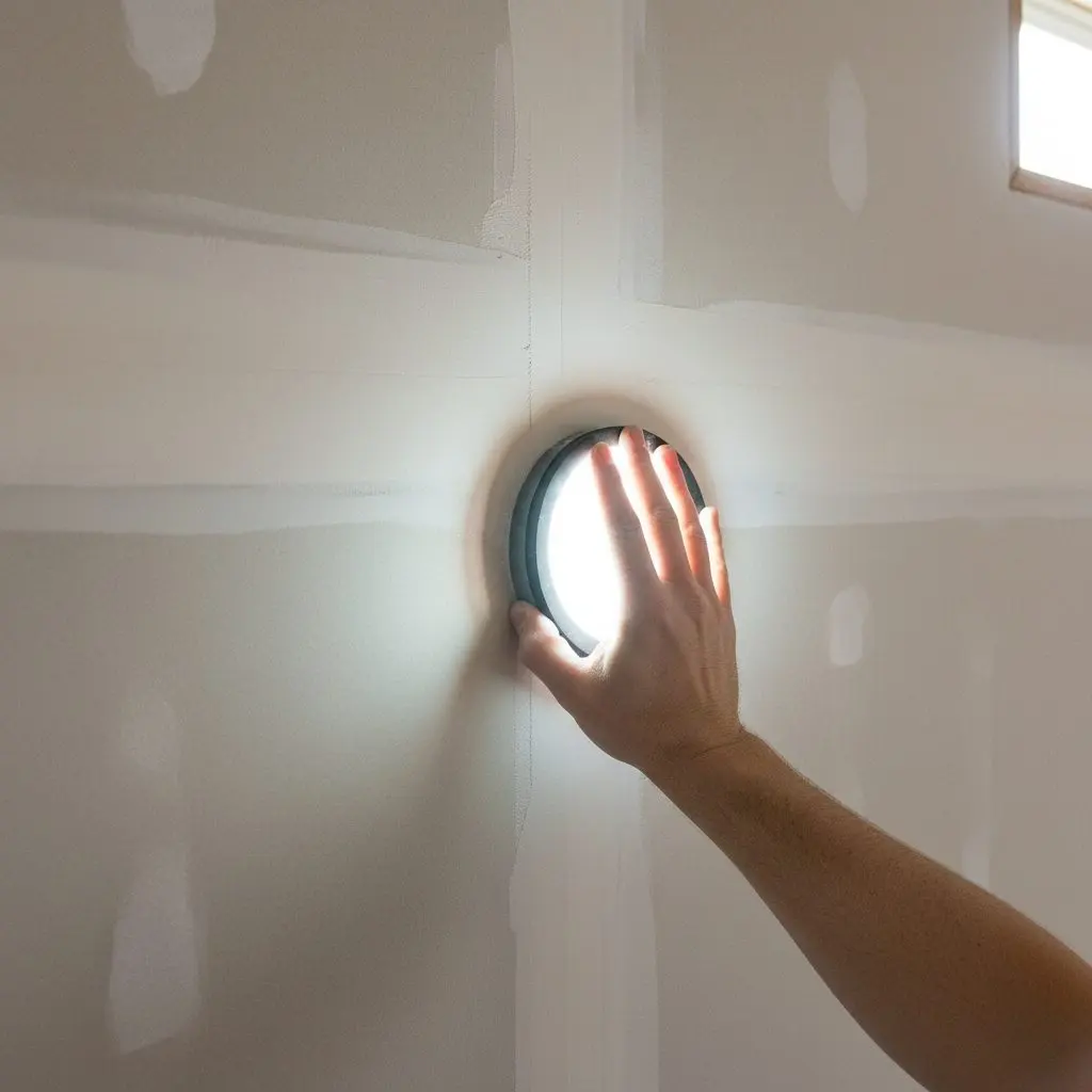 One close, square view of a hand holding a work light flat against a finished wall so the beam rakes along a taped joint and the surface reads