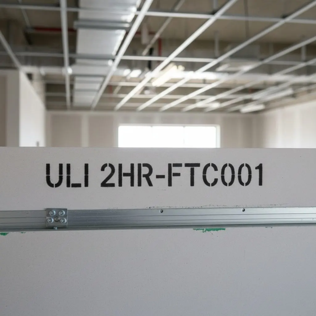 One close, square view of a fire rated wall stencilled above a ceiling grid line, showing the design number, the top of the hung partition and the track