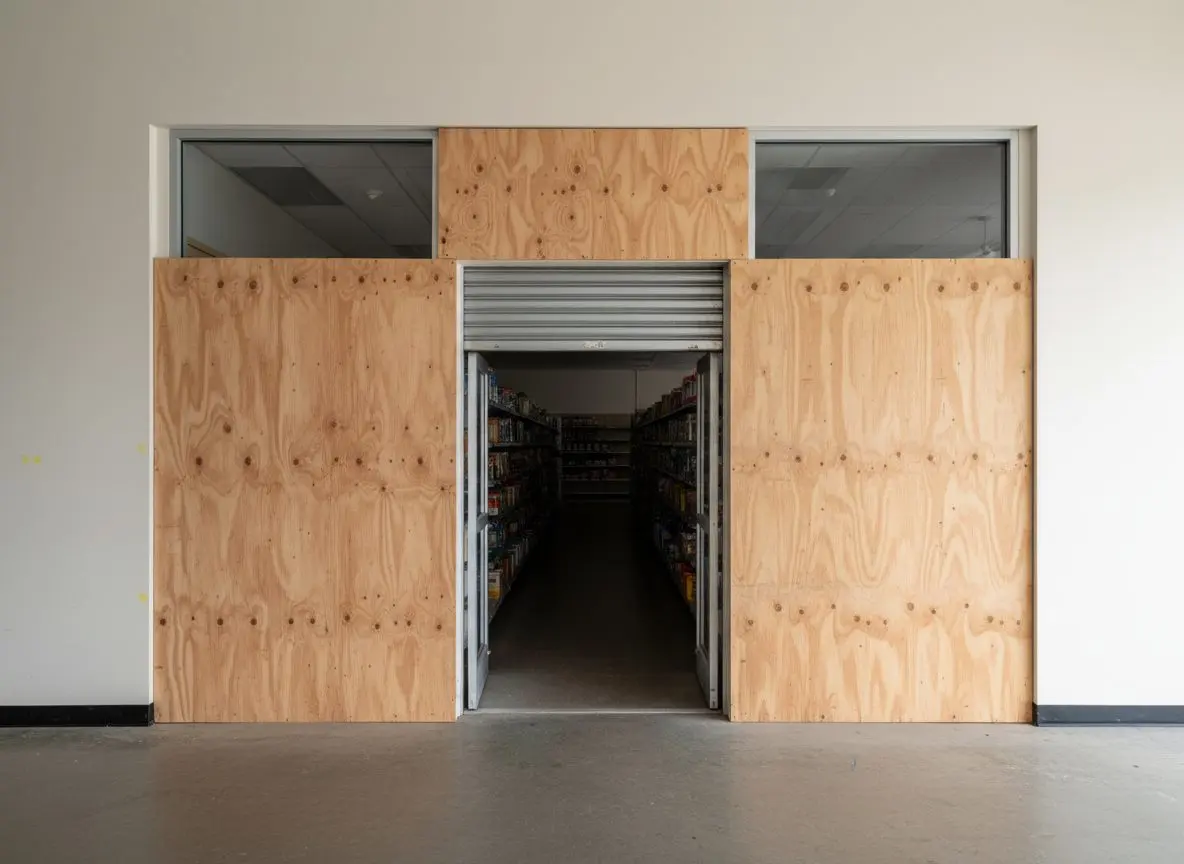 A retail unit hung after closing hours, the shopfront lights off and the stocked aisle beyond the barrier waiting for the morning
