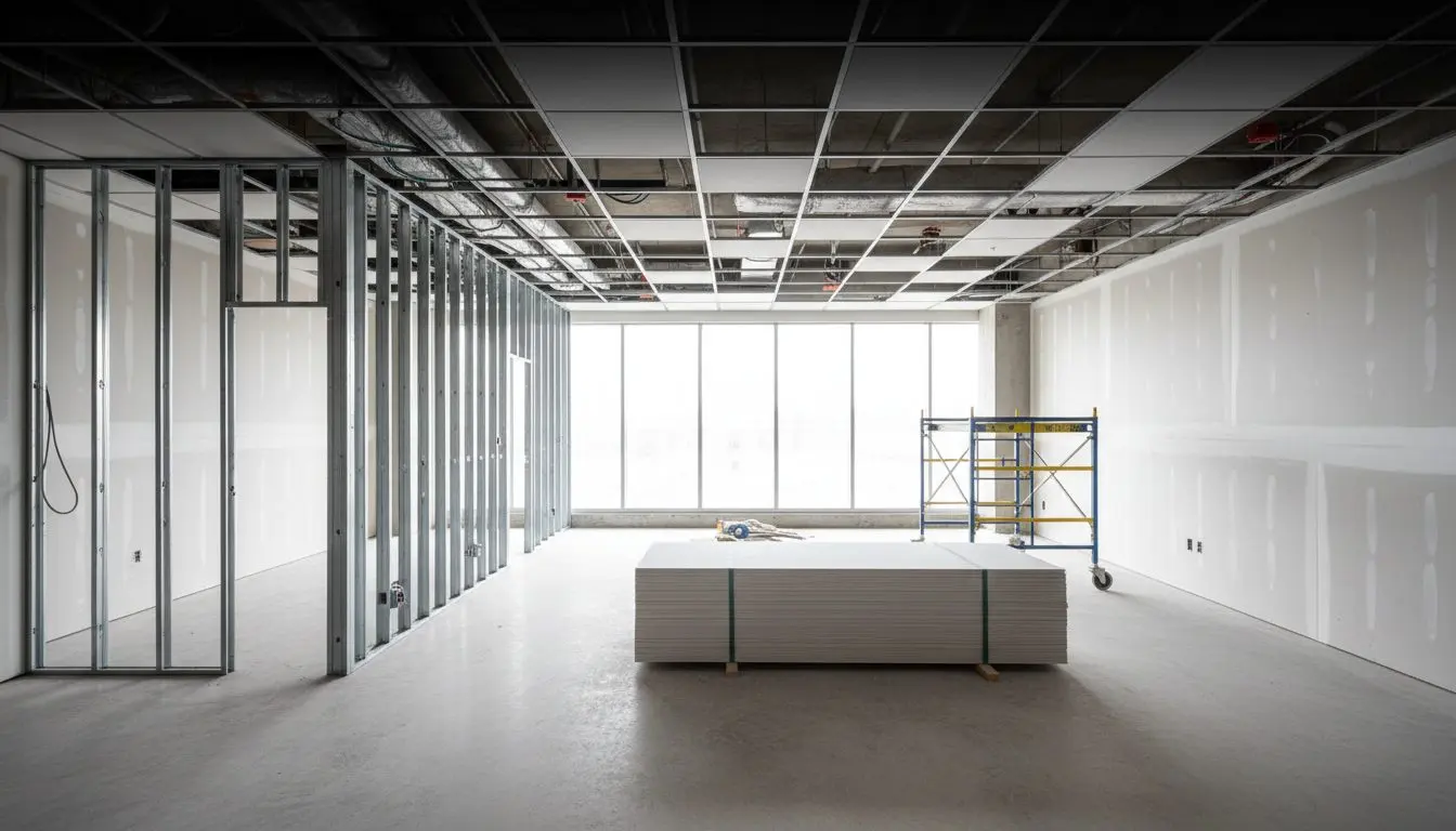 A part hung office buildout with the ceiling grid in and the stud partitions hung on one side only