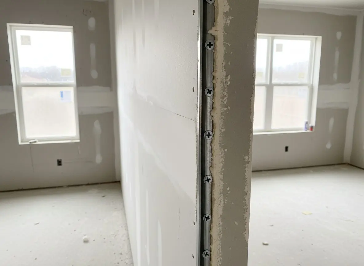 A run of metal corner bead on an outside corner, bedded in compound and screwed off
