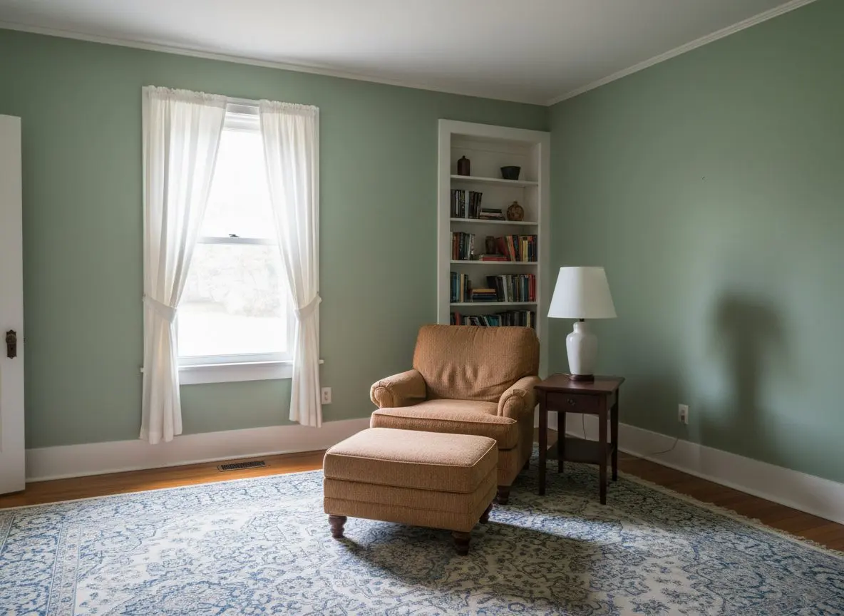 A finished, furnished front room in an older house, walls painted and flat, afternoon light crossing them from a window.