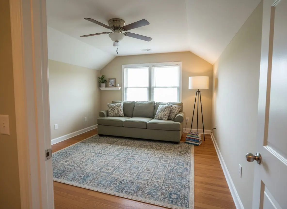 A finished, furnished bonus room over a garage, painted and lived in, with a sofa, a lamp and a rug