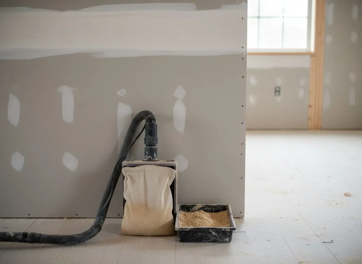 A sander fitted with a vacuum hose resting against a part hung wall, the collection bag half full at its base and dust still on the tray