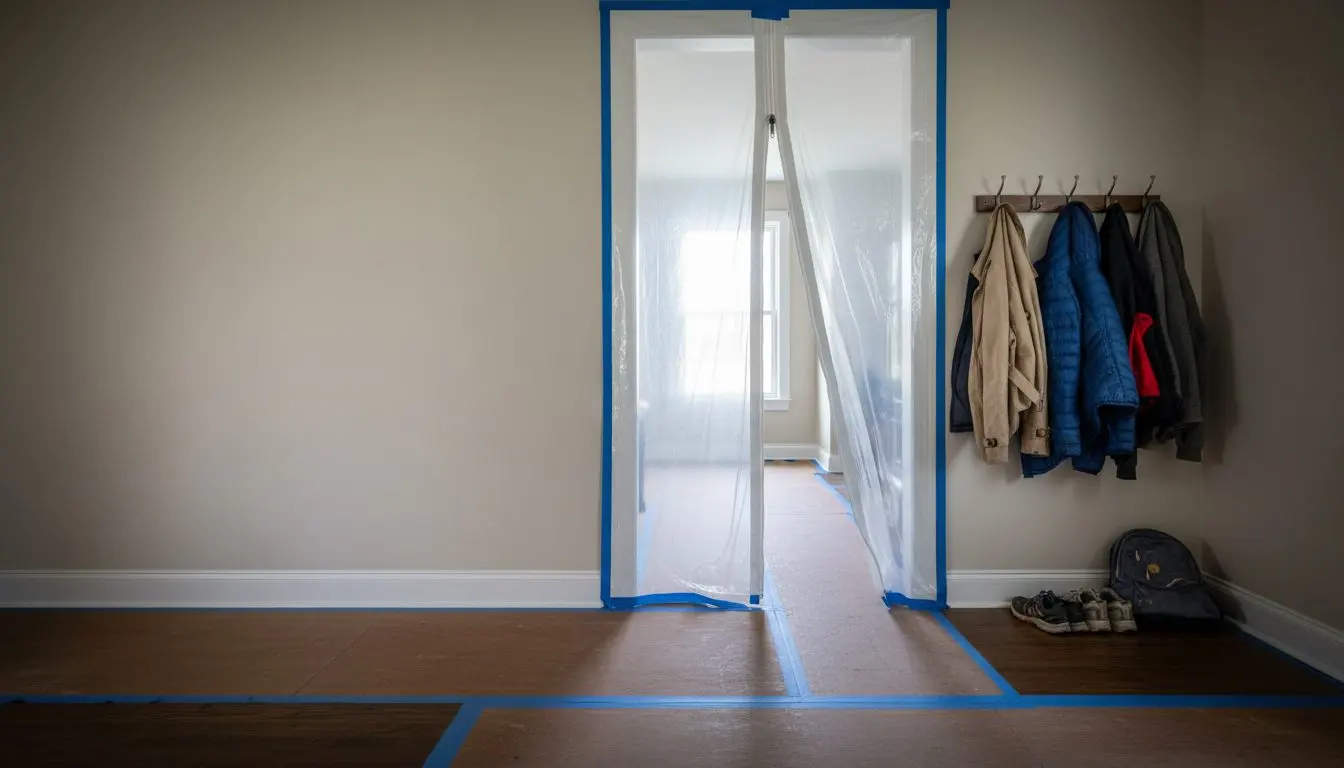 A hallway in a lived in house with the doorway to the room being worked on sealed in plastic with a zip down it