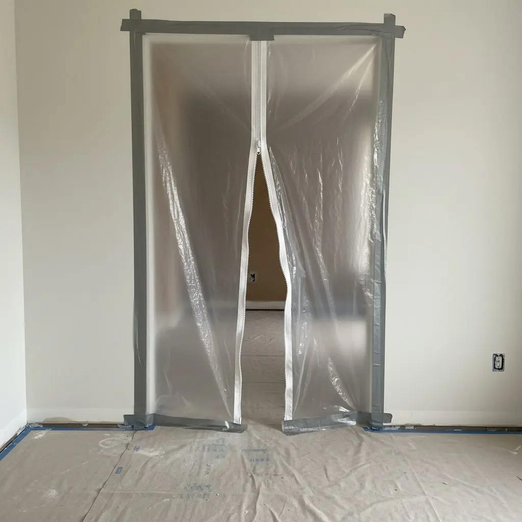 One close, square view of a doorway sealed in plastic sheeting with the zip half open and a covered floor running up to the threshold