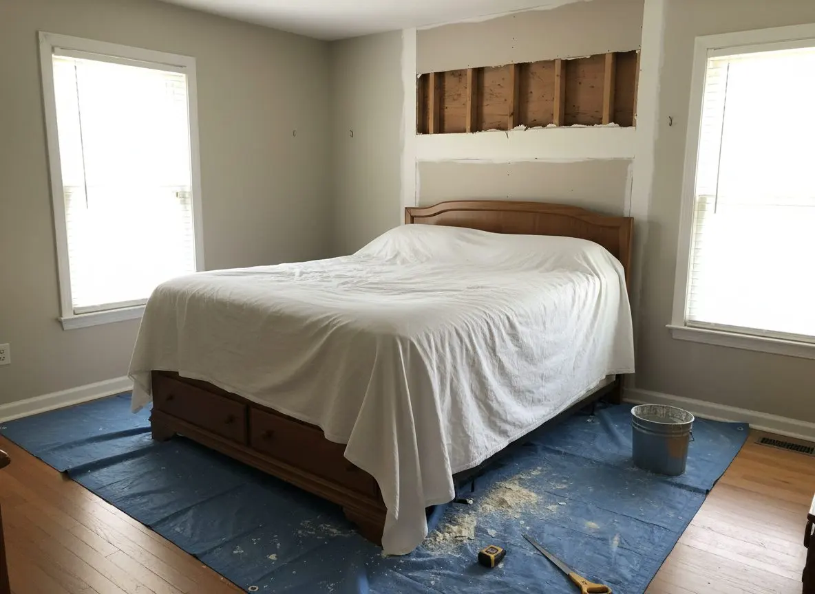A bedroom mid repair, the bed and dresser pulled into the center and sheeted, the wall behind them cut open around a patch of new board