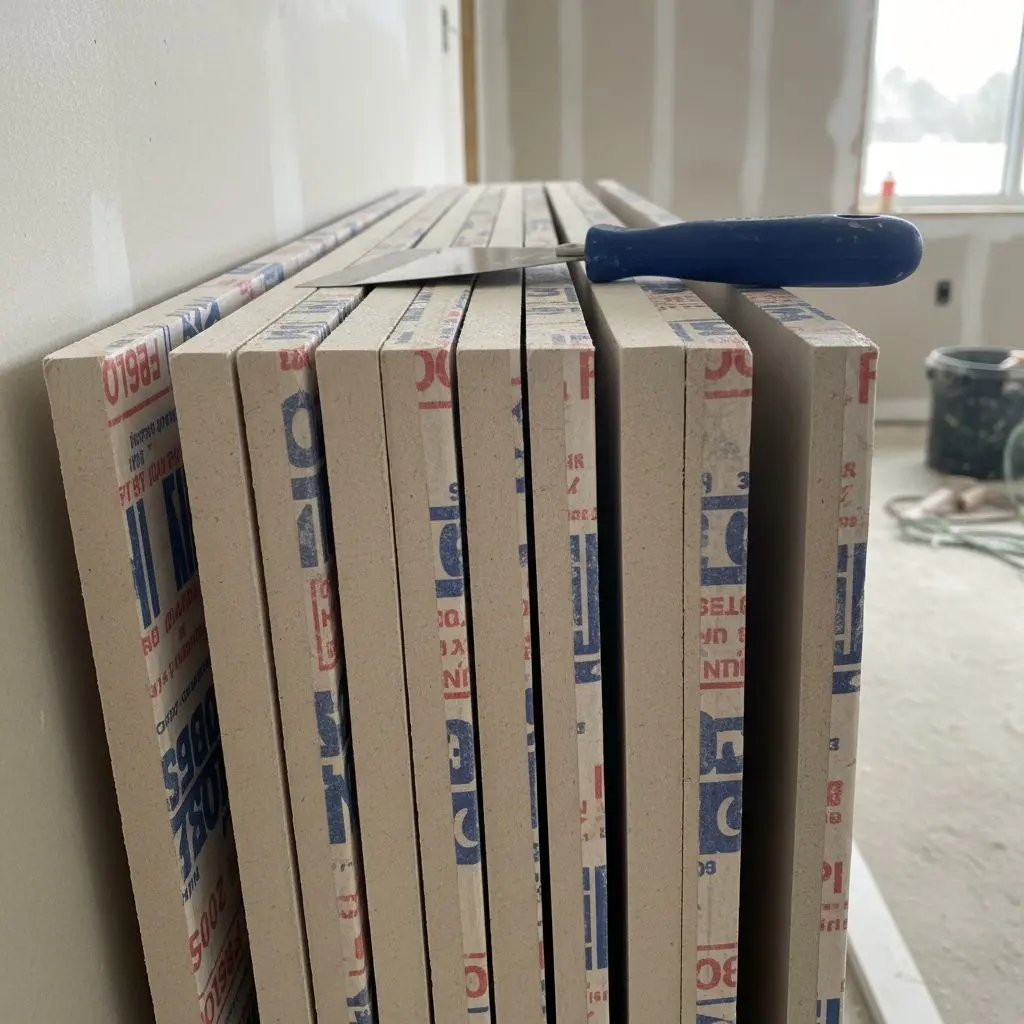 One close, square view of five sheets of board stacked on edge against a wall with the paper wrapper printing readable along the ends