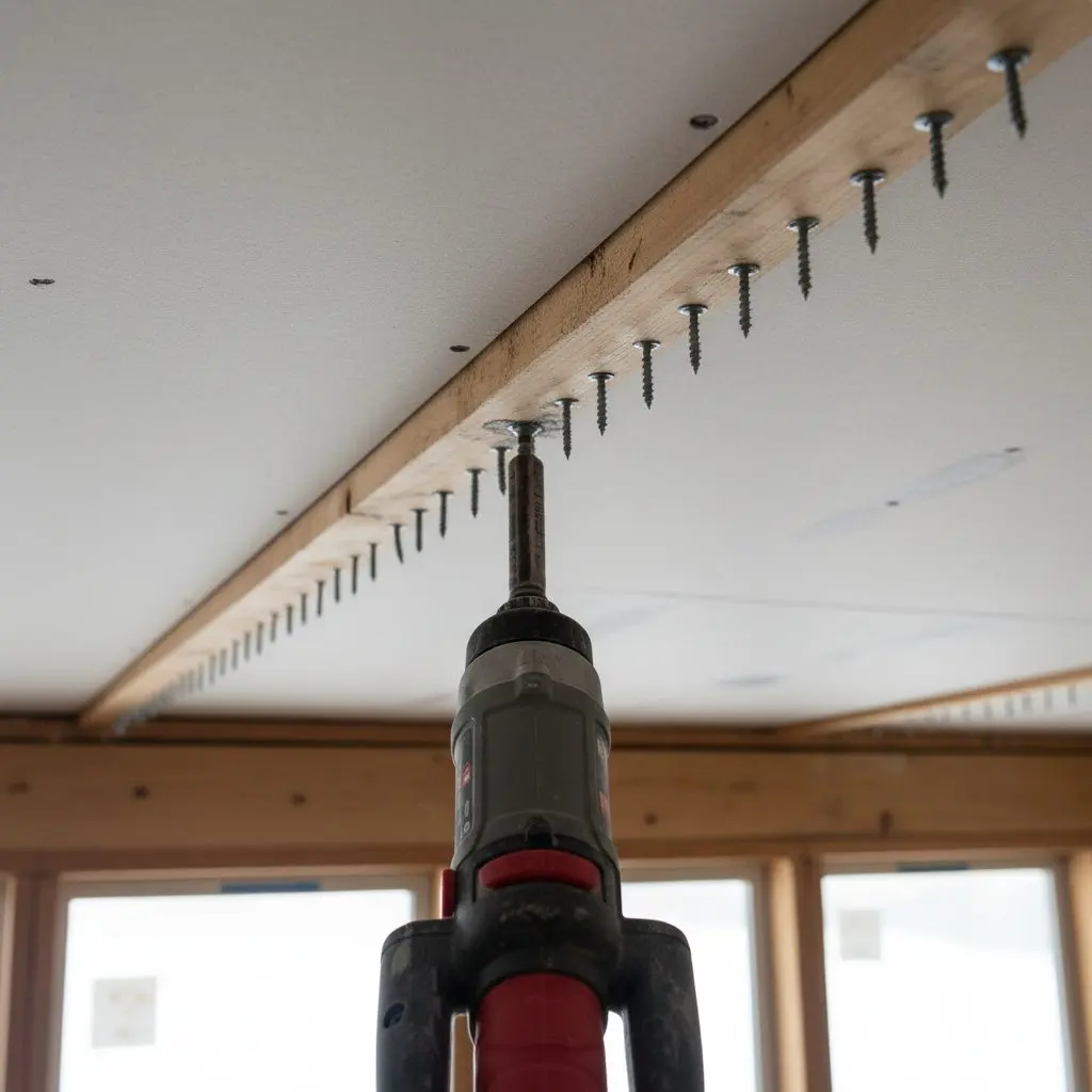 One close, square view looking up at a screw gun setting a screw into five eighths ceiling board against a joist