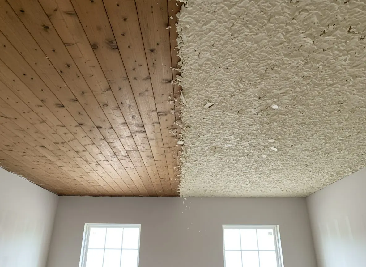 A ceiling half scraped back to bare board and half still carrying its popcorn, with the line between the two running across the frame