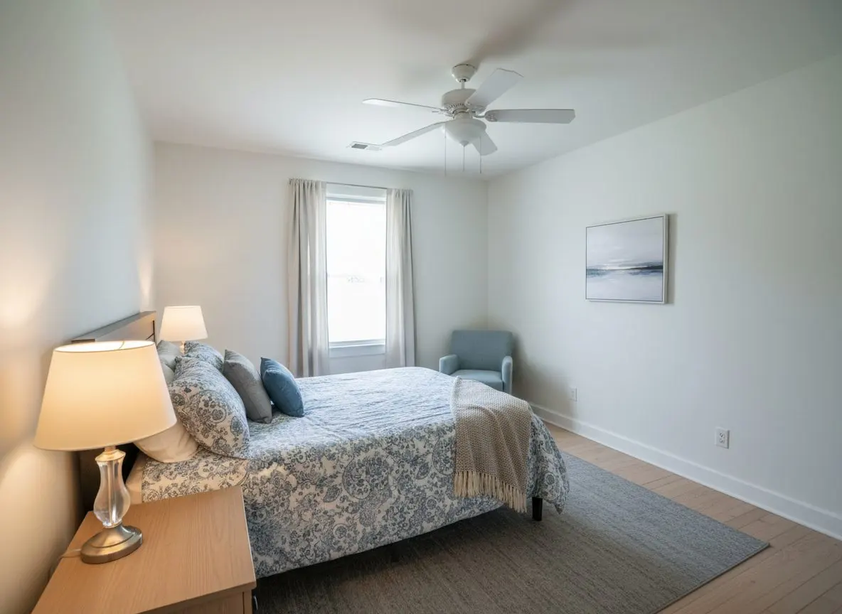 A finished, furnished bedroom with a flat painted ceiling and a fan or a light fitting in it, a bed made up below and a lamp lit