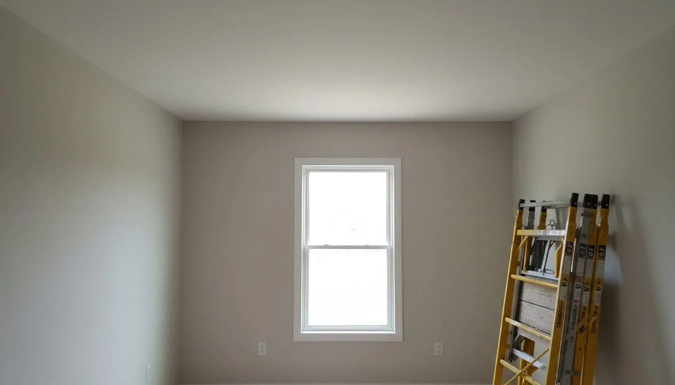 A finished bedroom ceiling seen from below, smooth and primed with no joint lines in it