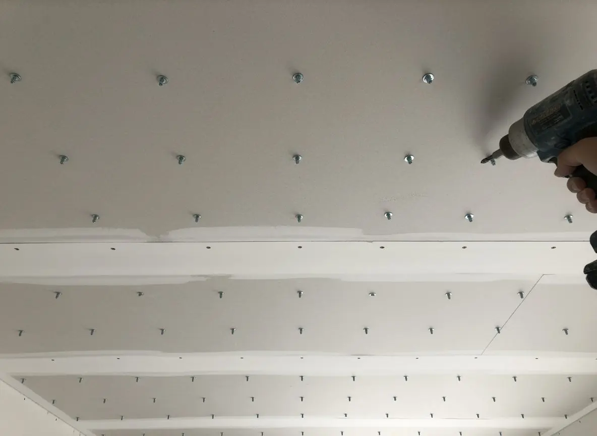 A ceiling seen from directly below with rows of set screws running across the board, the dimples readable, and a screw gun held up against the surface