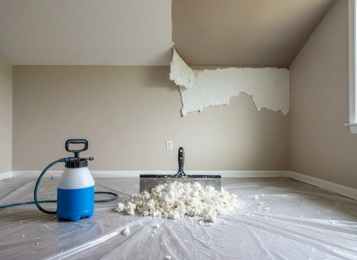 A garden sprayer and a wide scraper on wet sheeting under a half scraped popcorn ceiling, the wetted texture coming away in sodden sheets rather than as dust