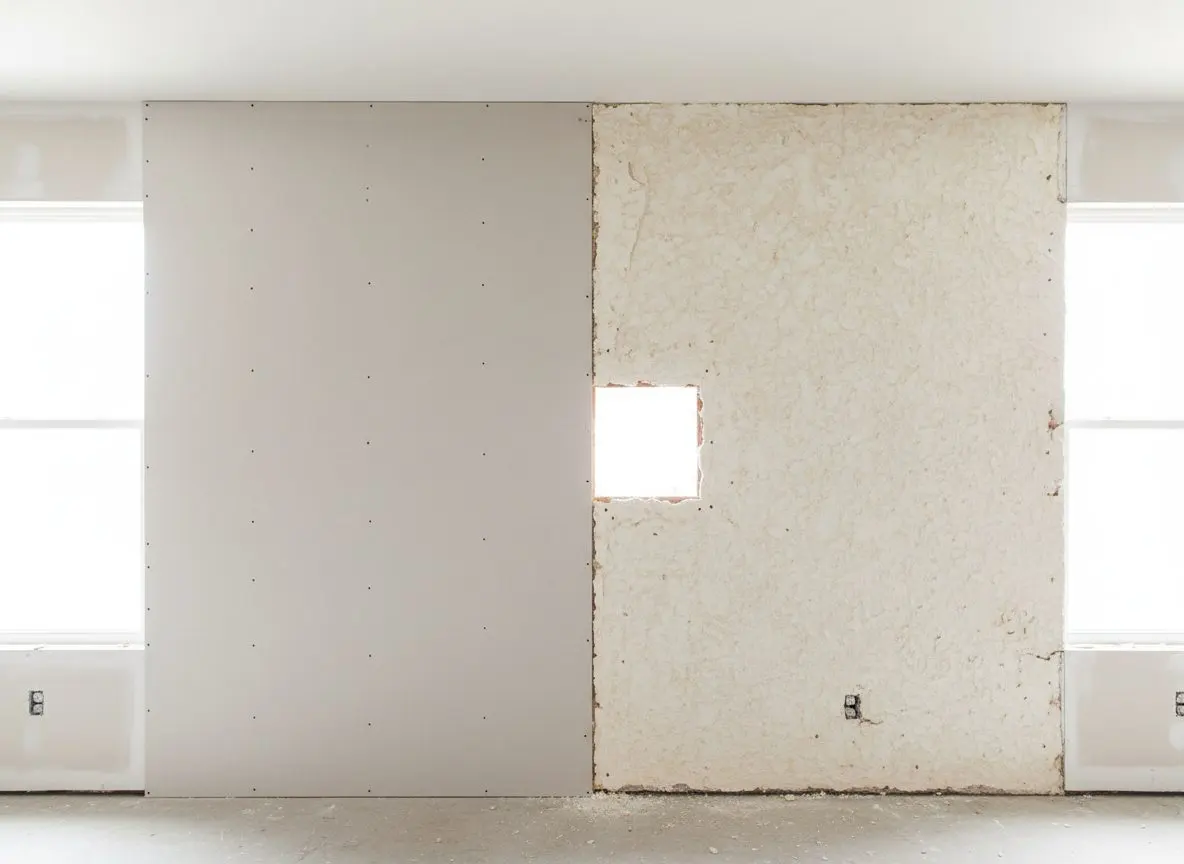 A wall part way through an overlay, new board screwed over an older textured surface, with the join between old and new visible at an opening