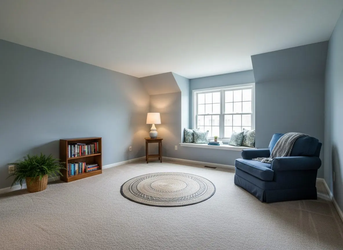 A finished bonus room over a garage, painted, carpeted and furnished, with a window seat and a lamp