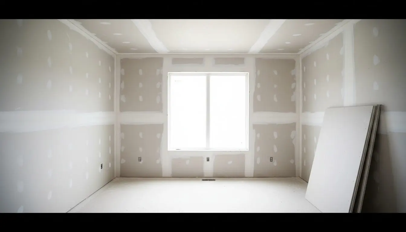 A bedroom in an addition with the board just hung and the first coat of compound on the joints, one wall still showing screw lines