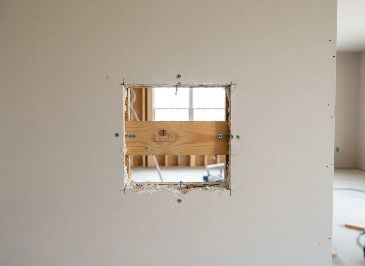 A backing strip screwed in behind a square cut opening in a wall, with the strip clearly proud into the cavity and the new patch piece not yet in