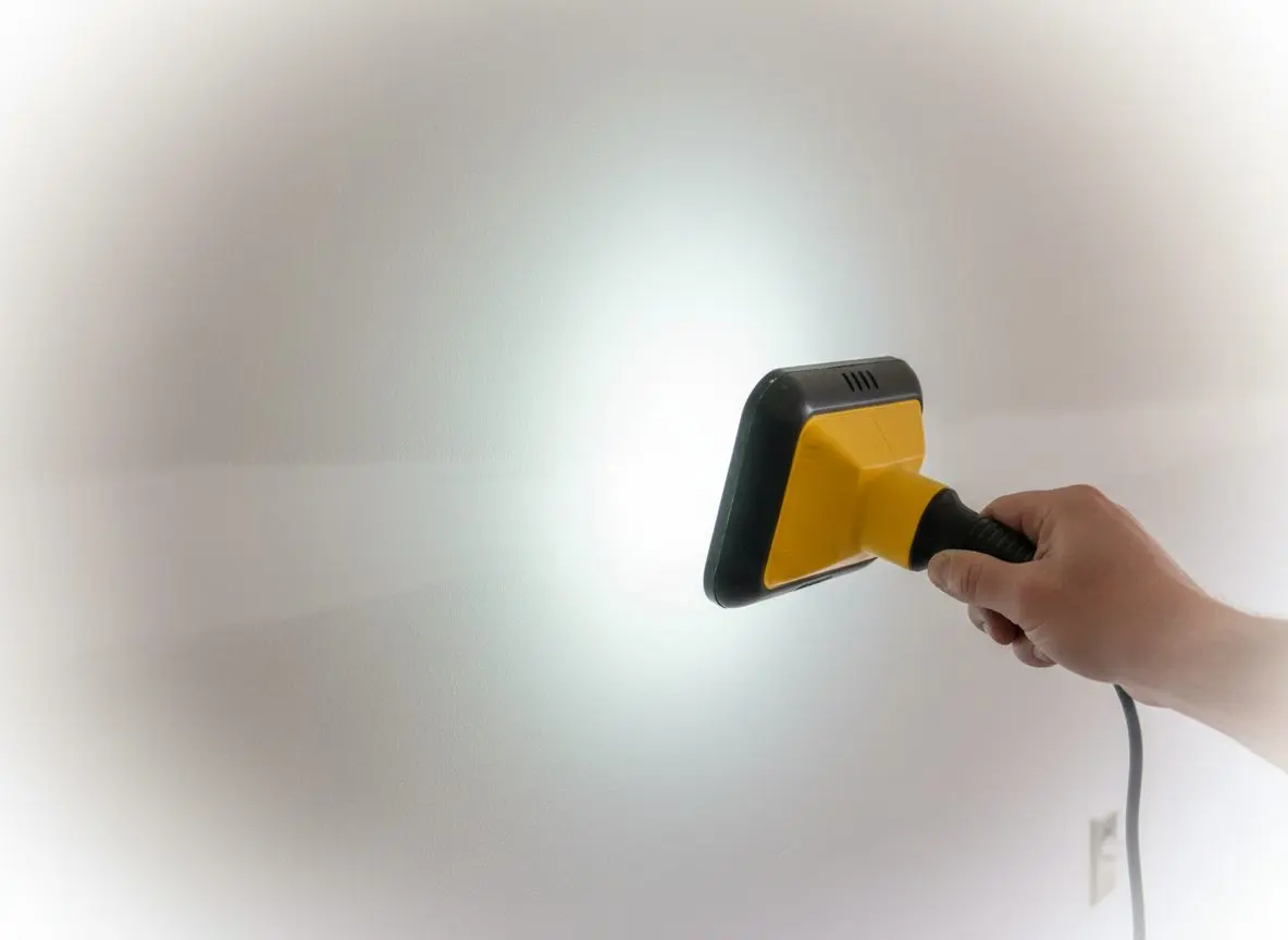 A hand holding a work light flat against a finished wall, the raking beam running across a repaired area so the surface shows as flat