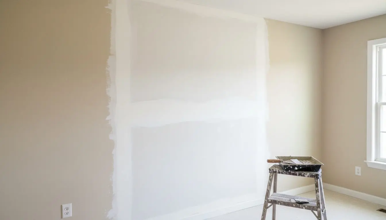 A living room wall with a finished repair in the middle of it, primed and blending into the older painted surface either side