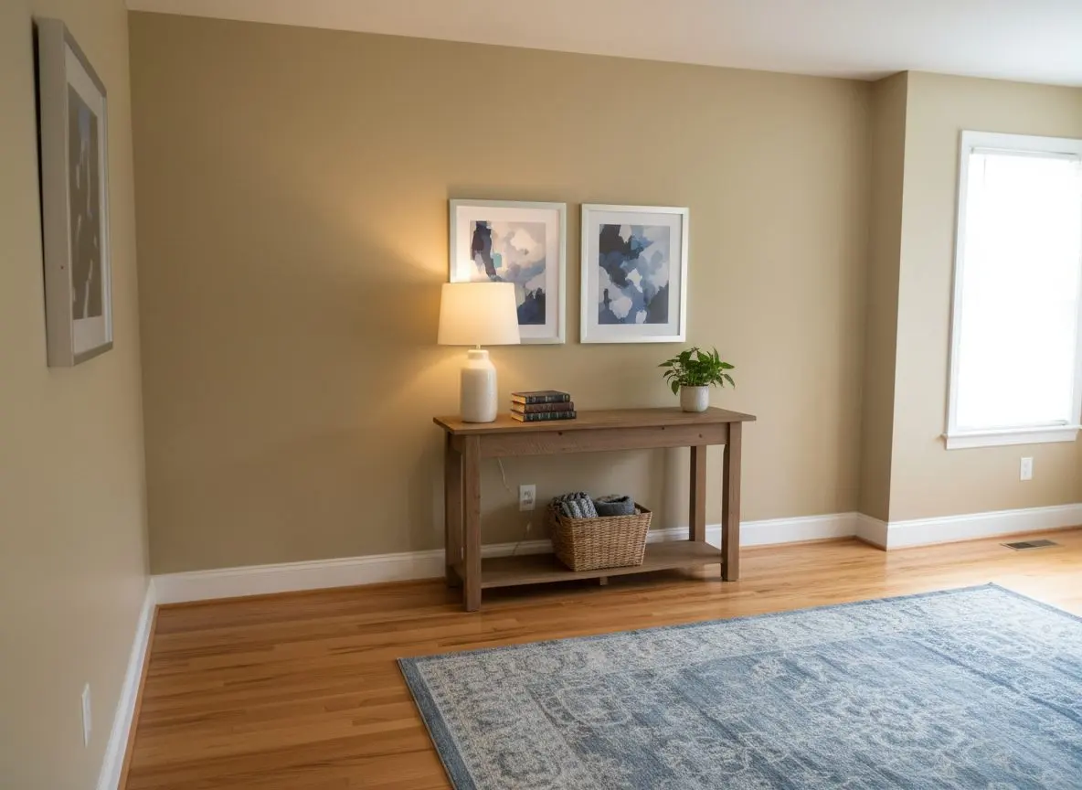 A finished, furnished hallway or living room with painted walls and no sign of any repair