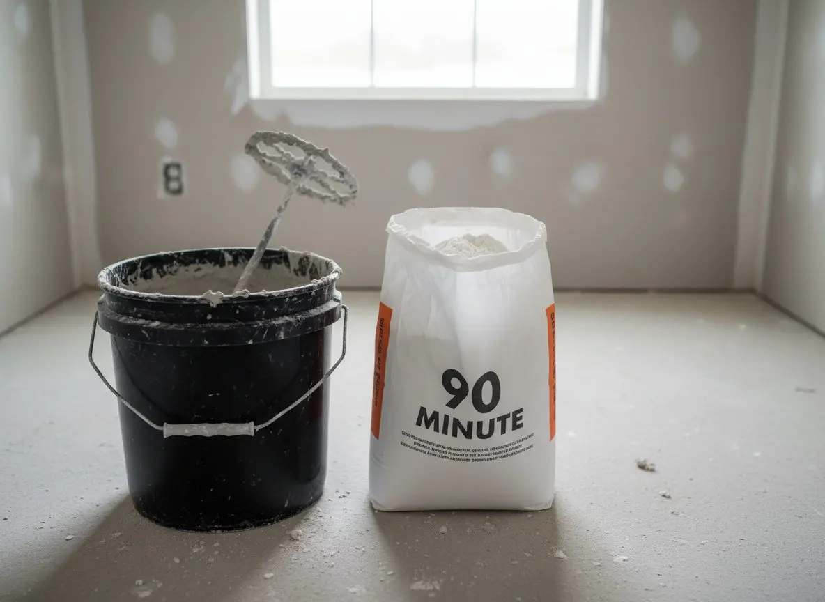An open bag of setting compound beside a mixing bucket and a paddle with mixed mud on it