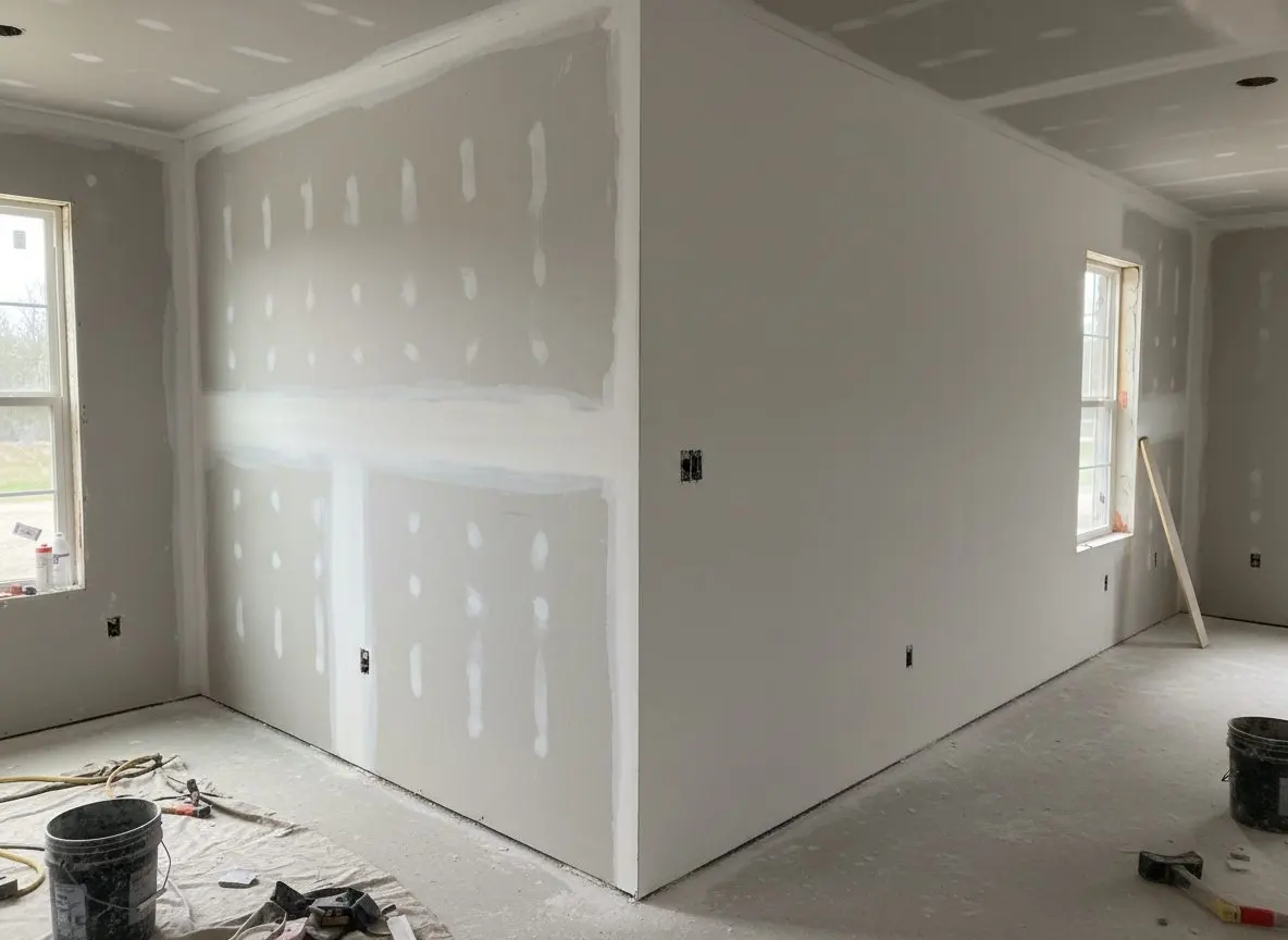 One wall showing a matched area blended into an existing knockdown, and the wall beside it skimmed perfectly flat