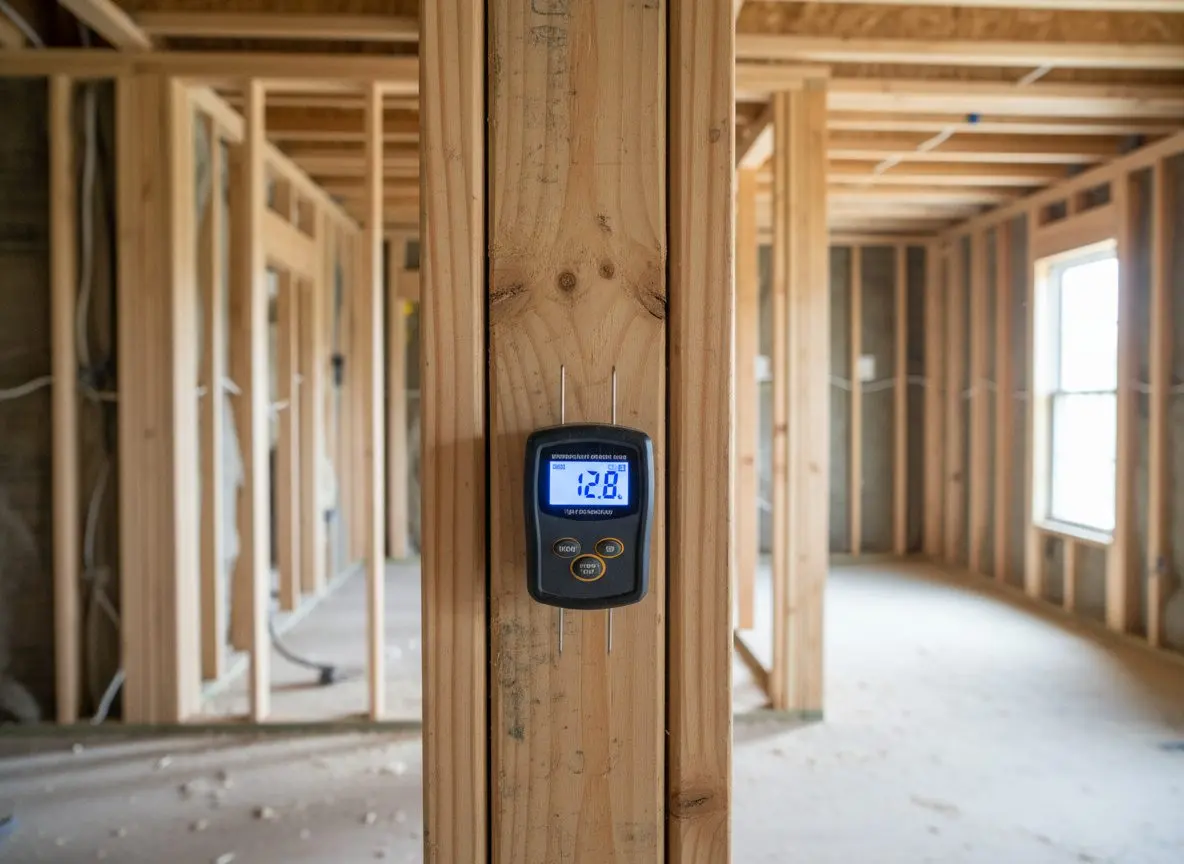 A pin meter held against a stud in an opened wall with the reading clearly lit on the display
