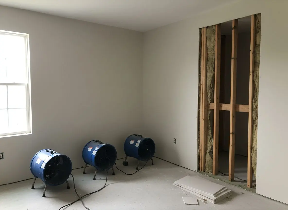 One wall with air movers running against an intact painted surface, and the wall beside it opened to bare studs with the board cut away in a clean line
