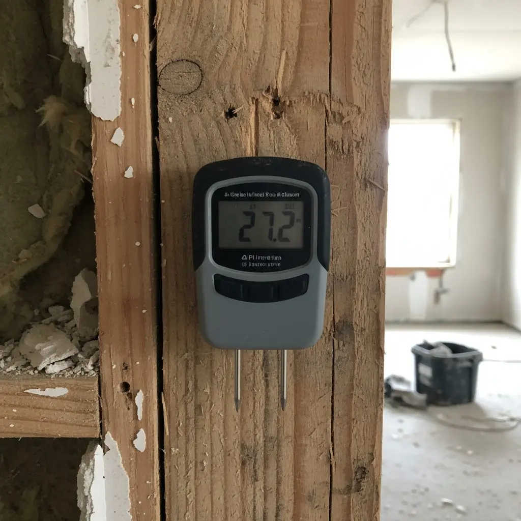 One close, square view of a pin moisture meter pressed into a stud in an opened wall, with the reading on the display facing the camera