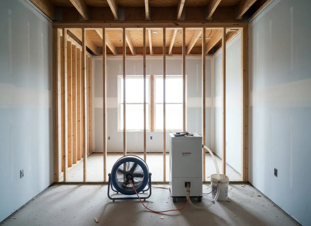 A wall opened back to bare studs with an air mover and a dehumidifier running in front of it, the cavity clear and the insulation already out