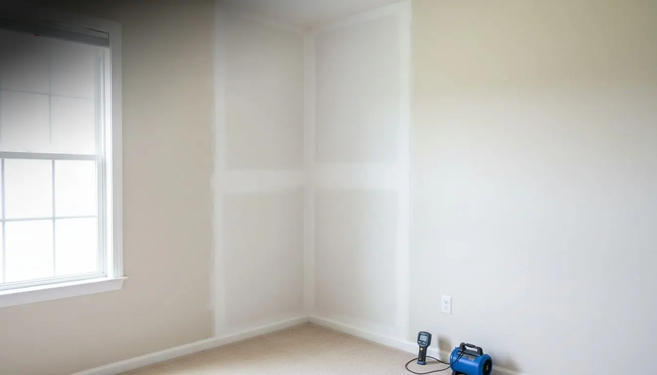 A bedroom wall and ceiling corner put back after a leak, primed and blending into the older painted surface around it