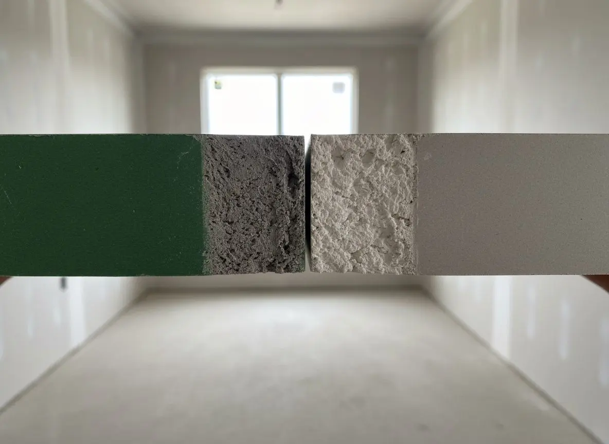 The cut edge of a mold resistant sheet held against a standard white sheet, close enough that the colored facing and both cores read against each other