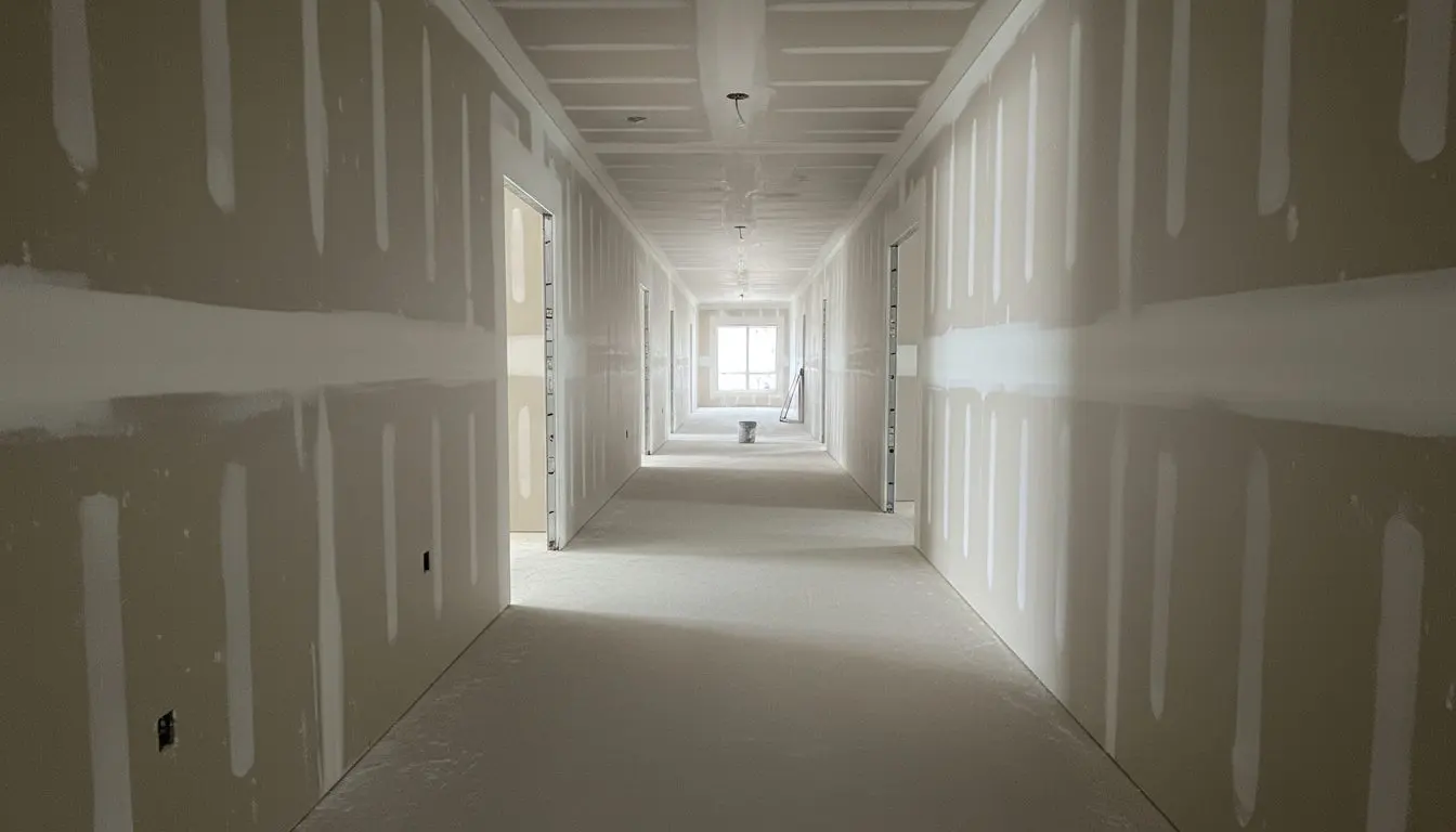 A wide hallway with board hung both sides and corner bead set on the returns, the run carrying evenly into the distance